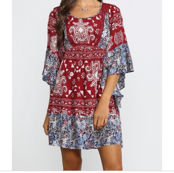 Flying Tomato Dresses & Skirts - Flying Tomato Boho Batik Print Dress Bell Sleeves